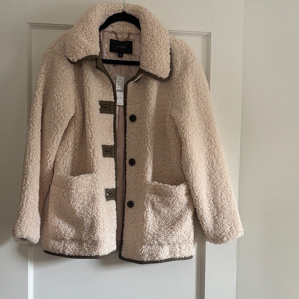 J. Crew Cream Sherpa Jacket with Olive Trim